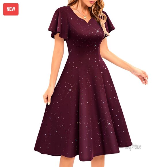Glitter Fit Flare Midi Dress Sweetheart Neck Cocktail Bridesmaid Formal